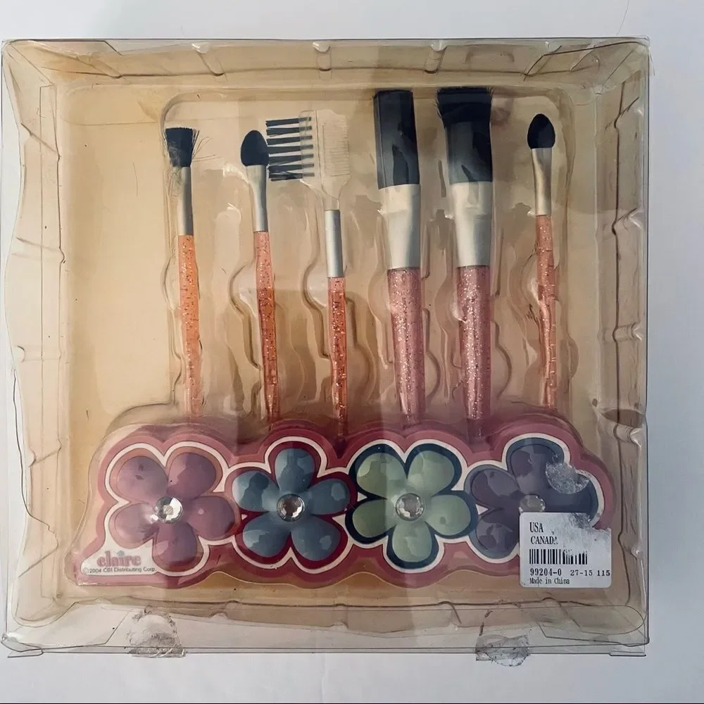 NWT Claire’s 6 Pcs Makeup Brush pink silver set with Colorful Flowers stand New